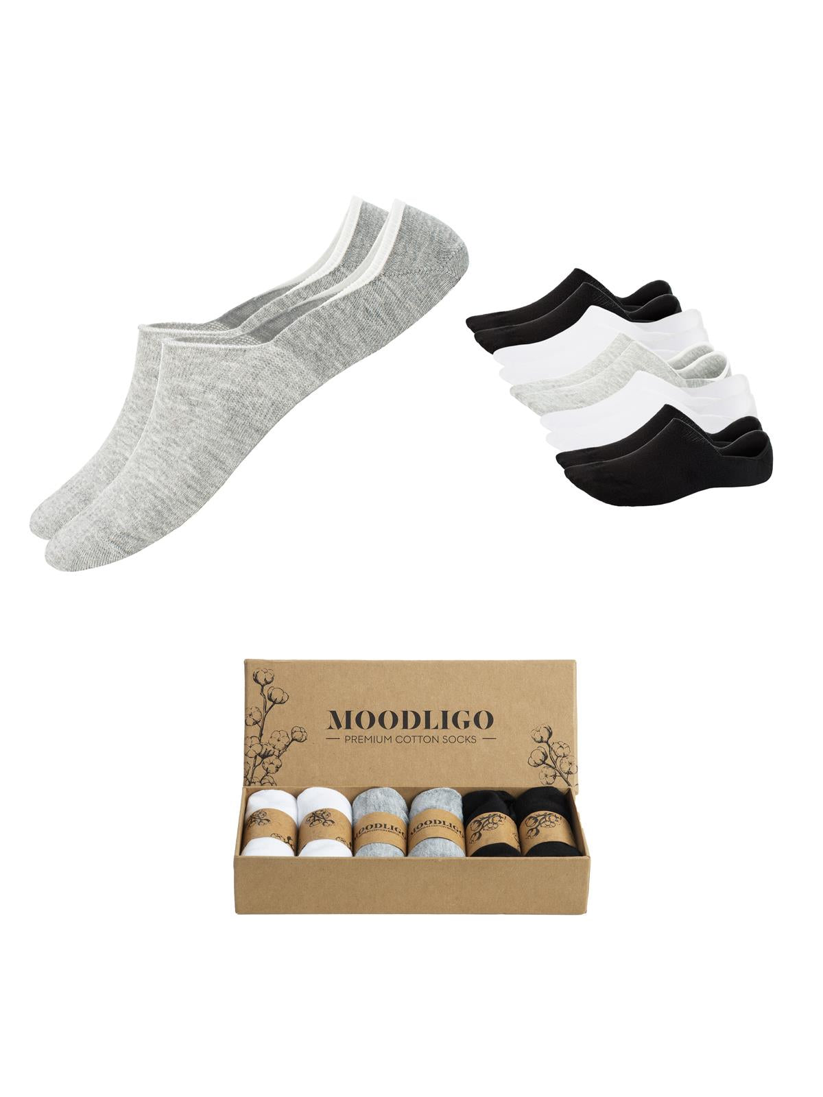 Erkek 6'lı Premium Pamuk Görünmez Spor Çorap (Babet Çorap) - 2 Beyaz, 2 Gri, 2 Siyah - Kutulu